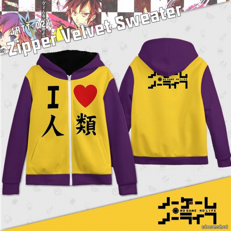 NO GAME NO LIFE Anime Full Color zipper Plus velvet Sweatshirt S M L XL XXL XXXL JRTT021