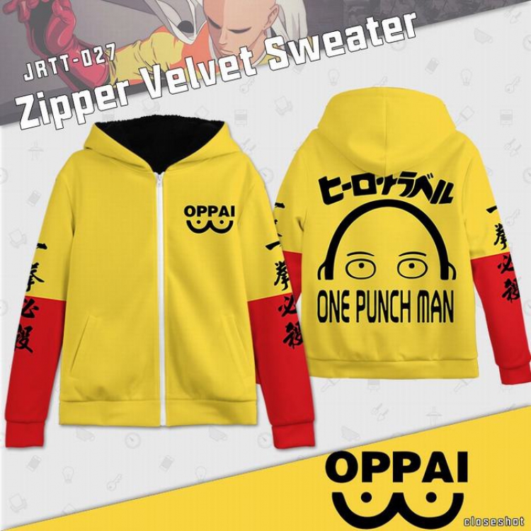 One Punch Man Anime Full Color zipper Plus velvet Sweatshirt S M L XL XXL XXXL JRTT027