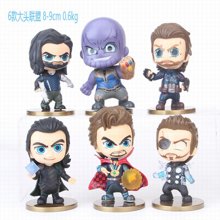 The avengers allianc 6 models Big head league Bagged Figure Decoration 9CM 0.6KG a box of 50 price for 6 pcs