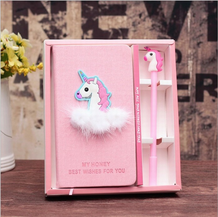Unicorn Blue side with hair ball Boxed Notebook plus pen 10X18CM price for 3 pcs