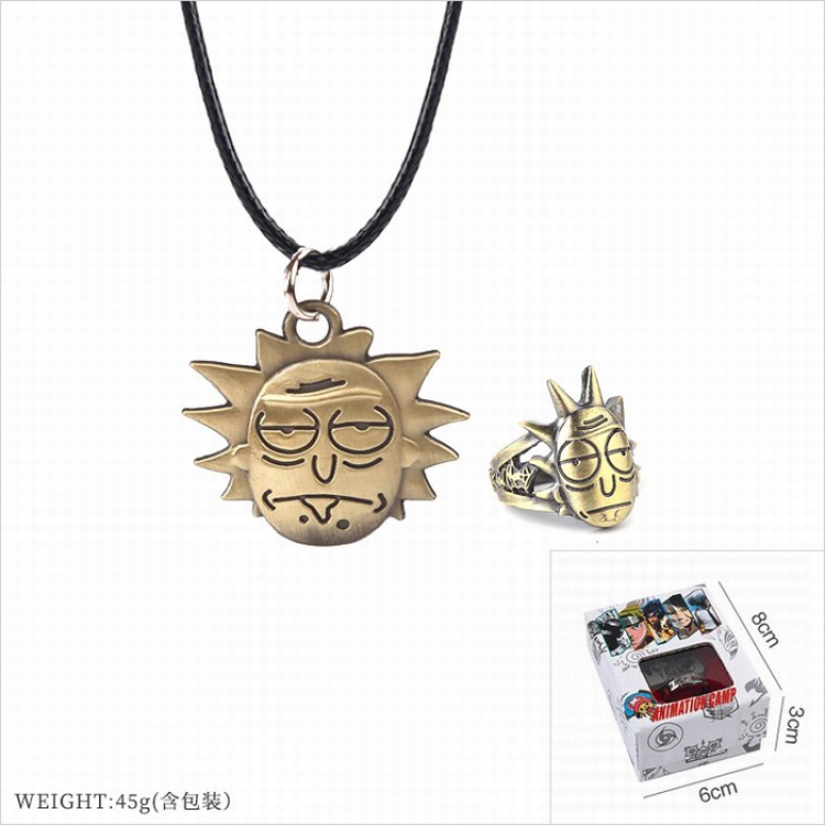 Rick and Morty Ring   stainless steel black sling necklace 2 piece set
