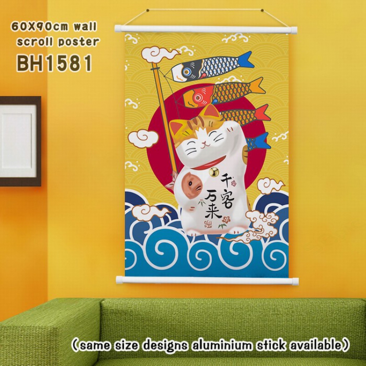 Lucky Cat New Year White Plastic rod Cloth painting Wall Scroll 60X90CM BH1581