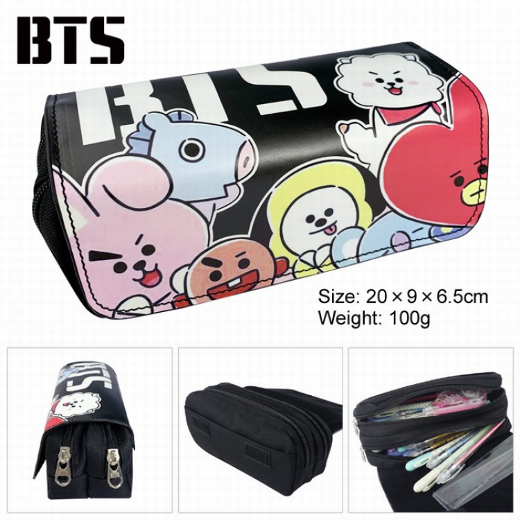 BTS BT21 PU surface Multifunction Double layer Zipper Flip cover Pencil Bag Style C