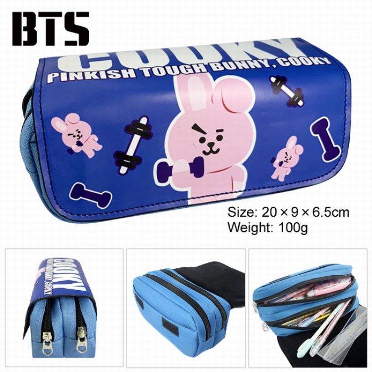 BTS BT21 PU surface Multifunction Double layer Zipper Flip cover Pencil Bag Style D