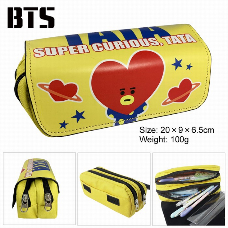 BTS BT21 PU surface Multifunction Double layer Zipper Flip cover Pencil Bag Style I