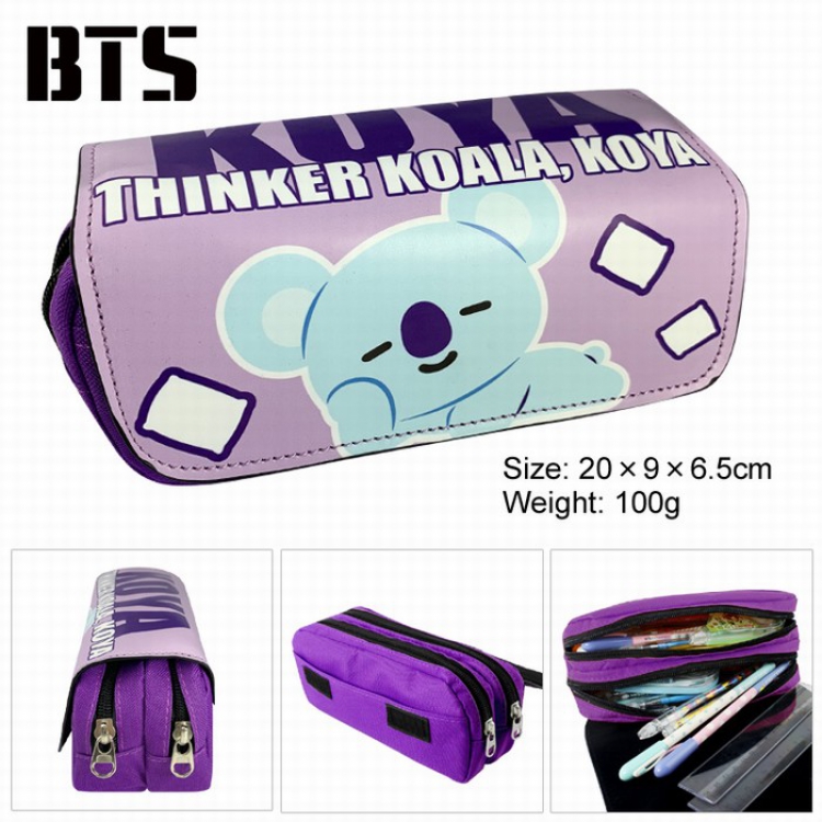 BTS BT21 PU surface Multifunction Double layer Zipper Flip cover Pencil Bag Style J