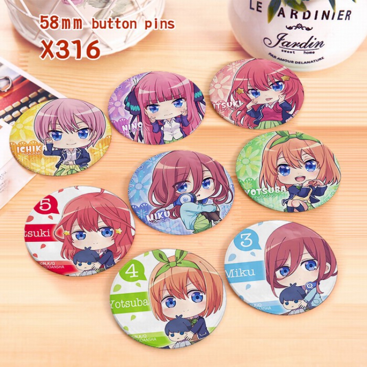 The Quintessential Quintuplets a set of 8 Tinplate coated Badge Brooch 6CM X316
