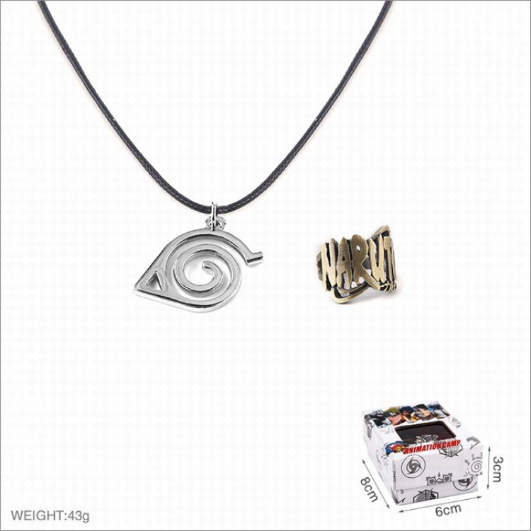 Naruto Ring and stainless steel black sling necklace 2 piece set