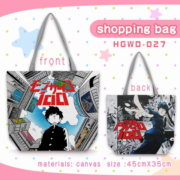 Mob Psycho 100 One-shoulder canvas zipper shopping bag 45X35CM HGWD27