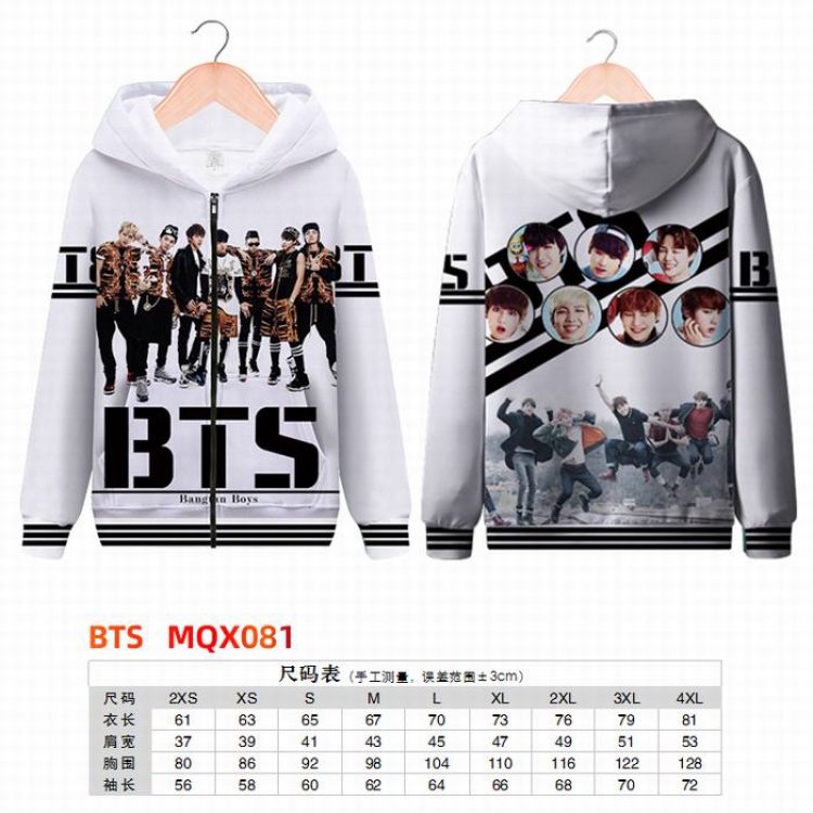 BTS Full color zipper hooded Patch pocket Coat Hoodie 9 sizes from XXS to 4XL MQX081