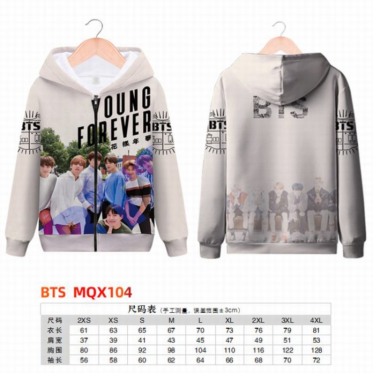 BTS Full color zipper hooded Patch pocket Coat Hoodie 9 sizes from XXS to 4XL MQX104