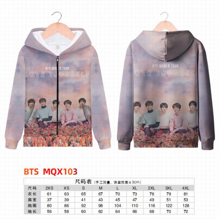 BTS Full color zipper hooded Patch pocket Coat Hoodie 9 sizes from XXS to 4XL MQX103