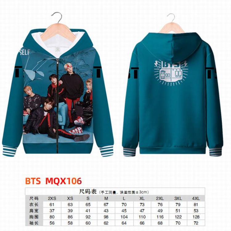 BTS Full color zipper hooded Patch pocket Coat Hoodie 9 sizes from XXS to 4XL MQX106