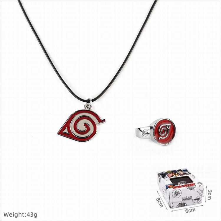 Naruto Ring and stainless steel black sling necklace 2 piece set style H