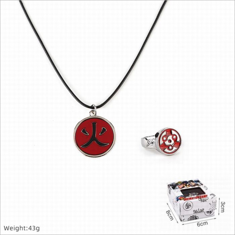 Naruto Ring and stainless steel black sling necklace 2 piece set style J