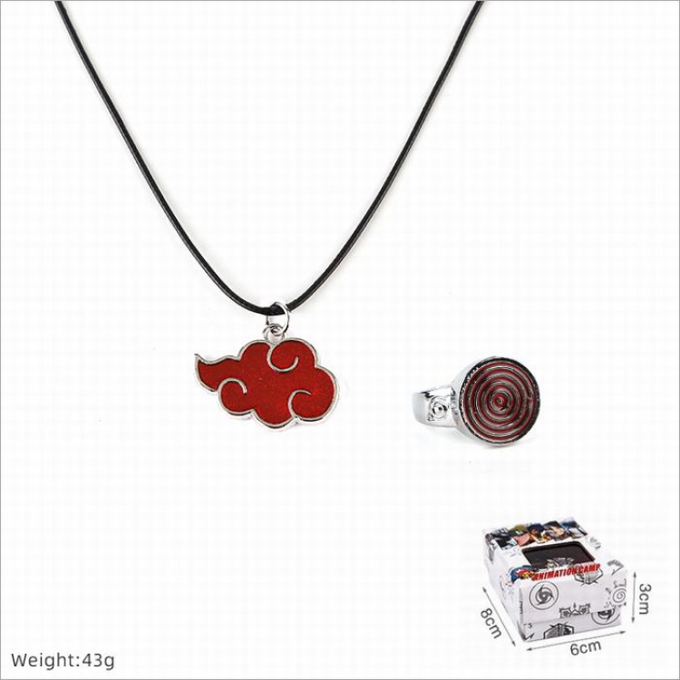 Naruto Ring and stainless steel black sling necklace 2 piece set style K