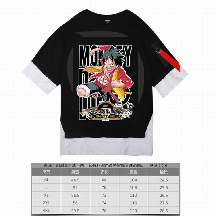 One Piece   Luffy-1 black Loose cotton fake two short sleeves t-shirt 5 sizes from M to 3XL