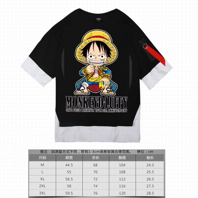 One Piece Luffy-4 black Loose cotton fake two short sleeves t-shirt 5 sizes from M to 3XL