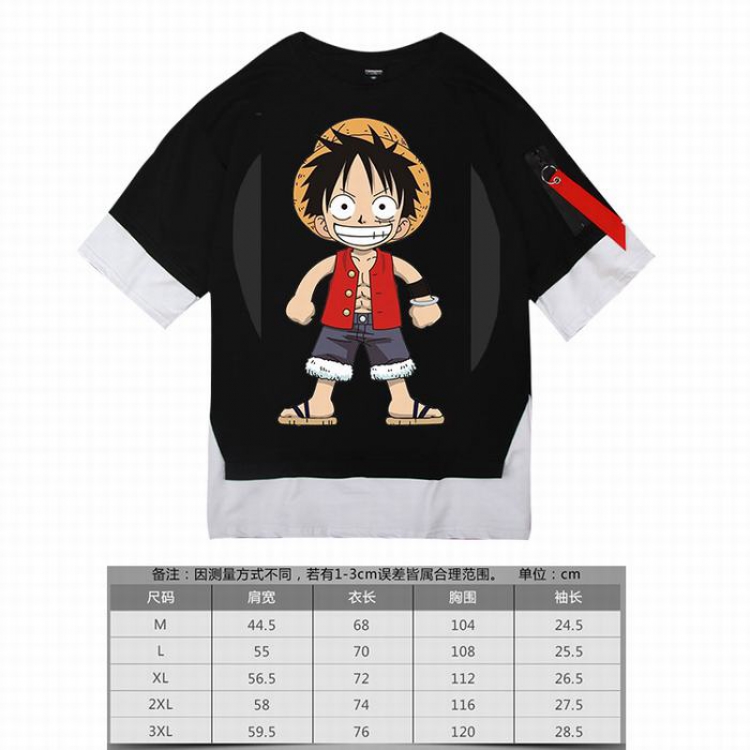 One Piece Luffy-5 black Loose cotton fake two short sleeves t-shirt 5 sizes from M to 3XL