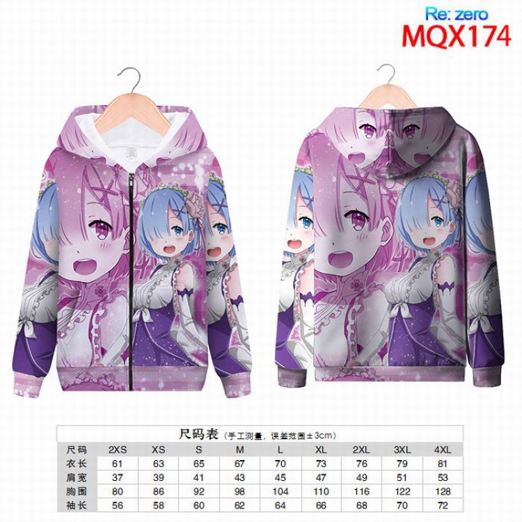 Re:Zero kara Hajimeru Isekai Seikatsu Full color zipper hooded Patch pocket Coat Hoodie 9 sizes from XXS to 4XL MQX174