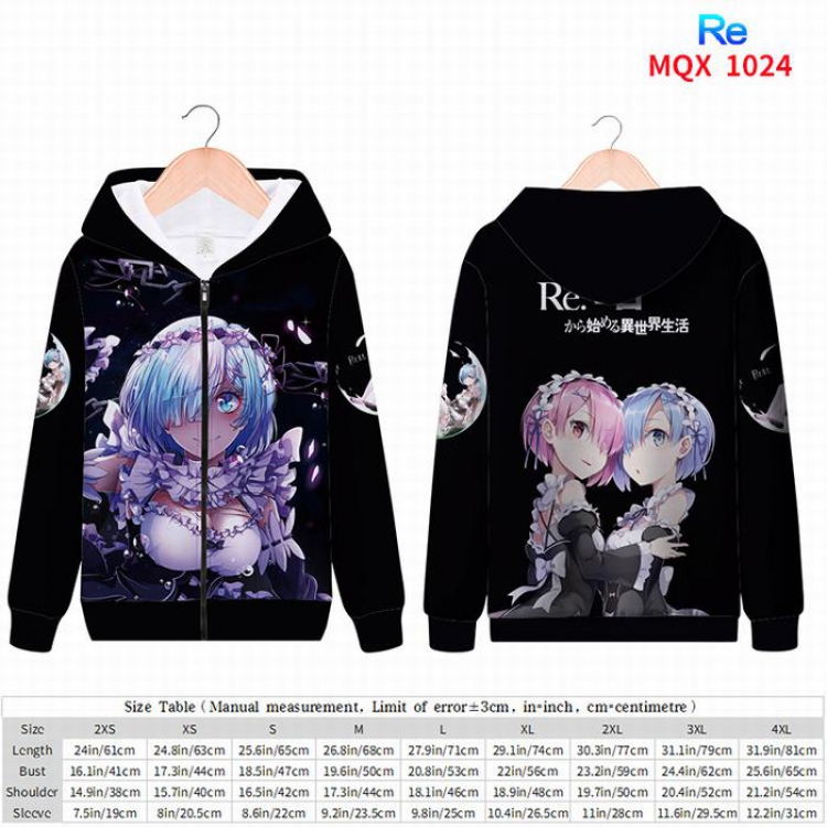 Re:Zero kara Hajimeru Isekai Seikatsu Full color zipper hooded Patch pocket Coat Hoodie 9 sizes from XXS to 4XL MQX1024