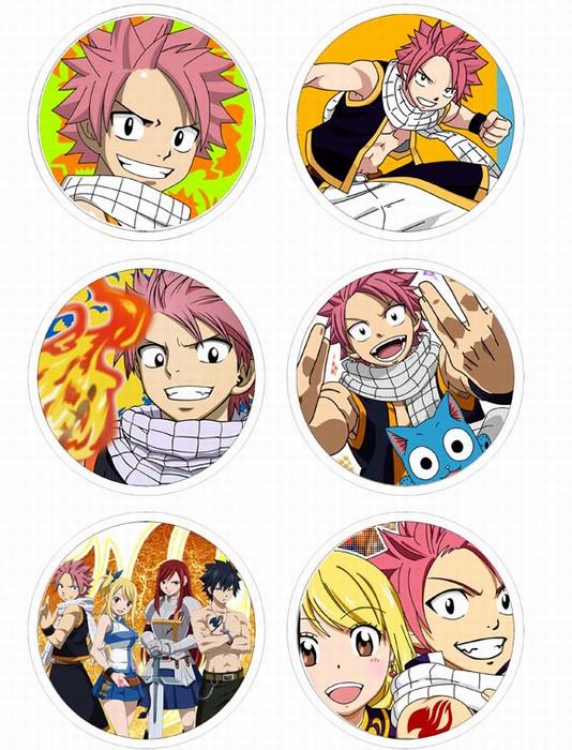 Fairy Tail-1 Anime tinplate bright film badge round cloth brooch a set of six 75MM