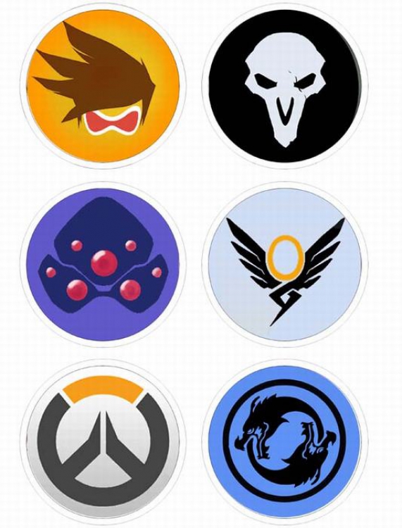 Overwatch Anime tinplate bright film badge round cloth brooch a set of six 75MM