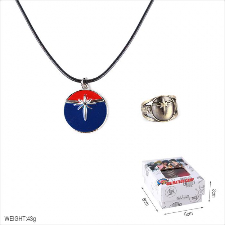 The Avengers Captain Marvel Ring and stainless steel black sling necklace 2 piece set