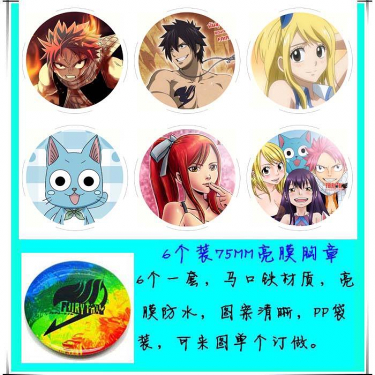 Fairy Tail Anime tinplate bright film badge round cloth brooch a set of six 75MM