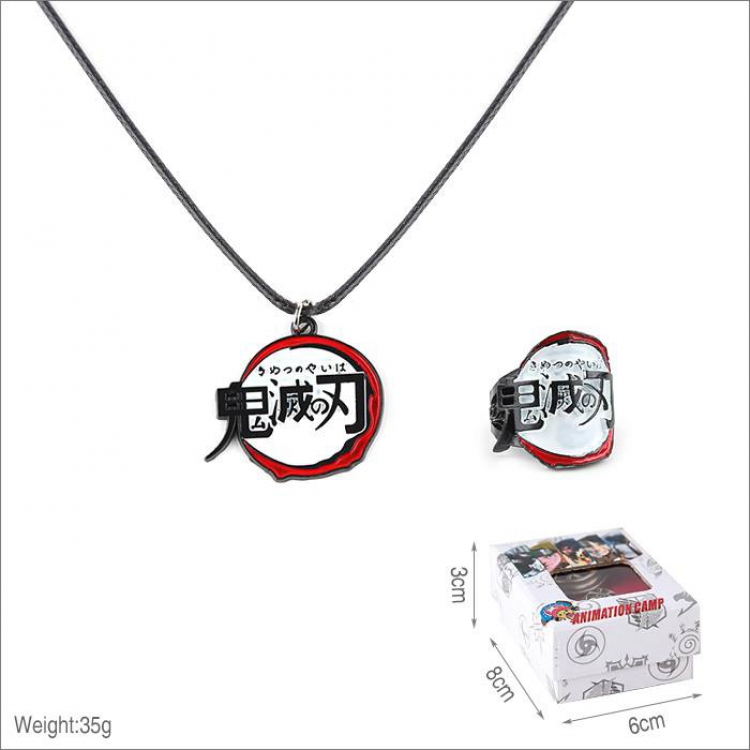 Demon Slayer Kimets Ring and stainless steel black sling necklace 2 piece set Style B