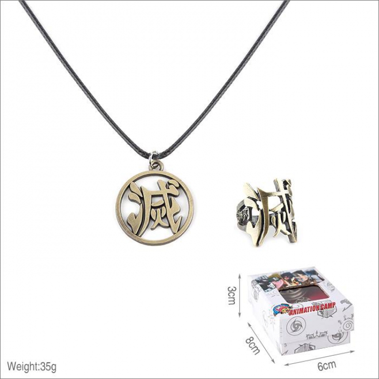 Demon Slayer Kimets Ring and stainless steel black sling necklace 2 piece set