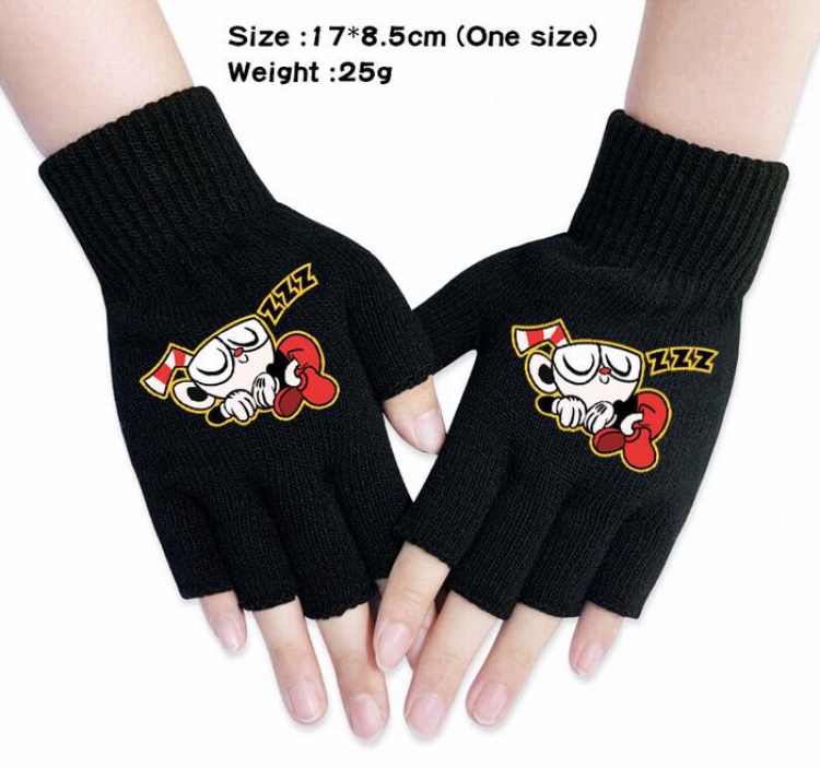 Cuphead-12A Black Anime knitted half finger gloves