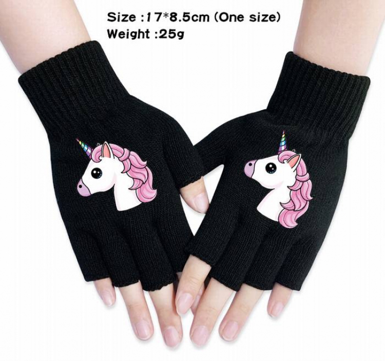 Unicorn-12A Black Anime knitted half finger gloves