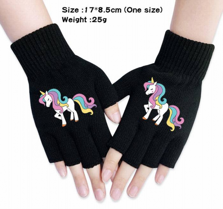 Unicorn-11A Black Anime knitted half finger gloves
