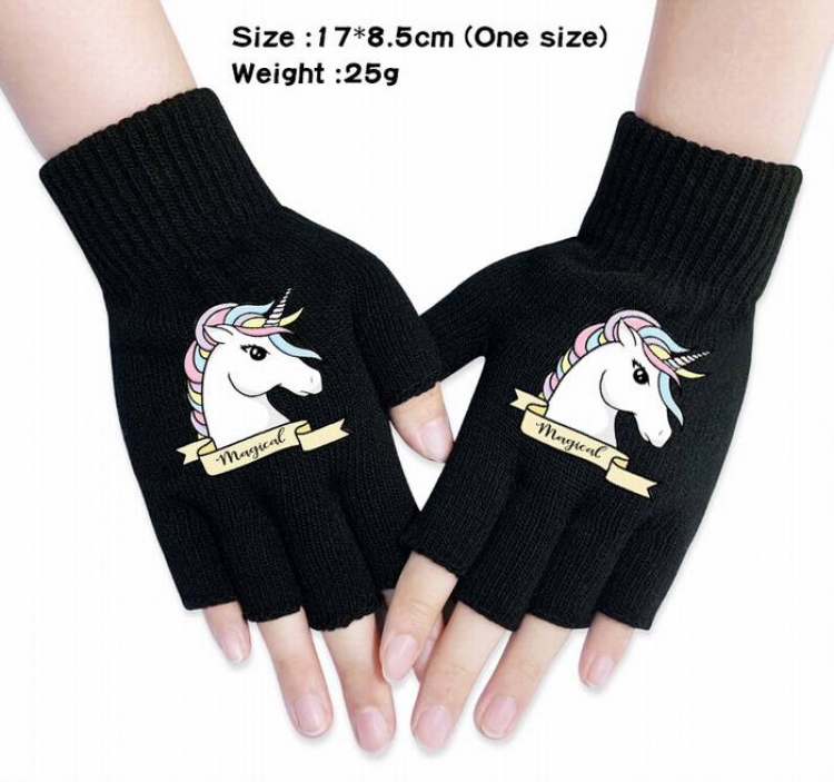 Unicorn-10A Black Anime knitted half finger gloves