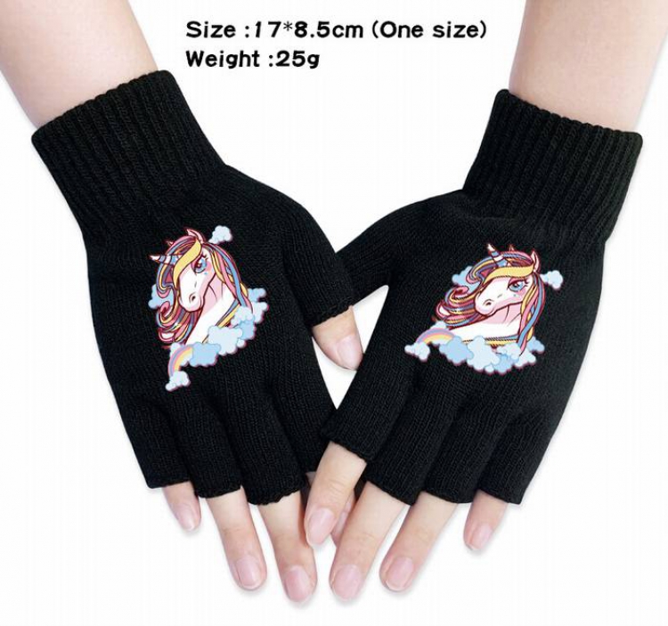 Unicorn-2A Black Anime knitted half finger gloves