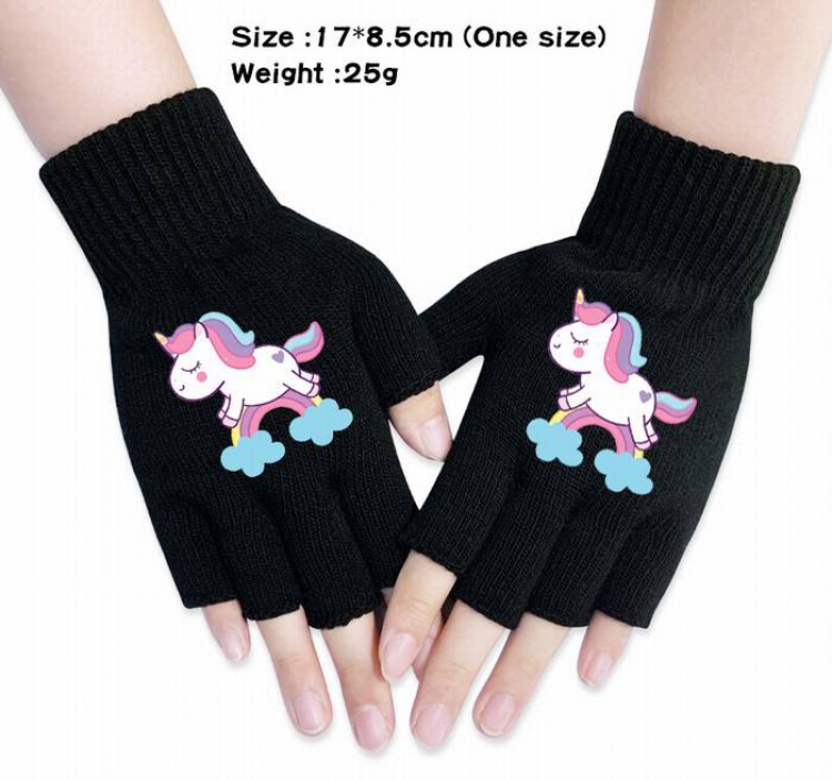 Unicorn-7A Black Anime knitted half finger gloves