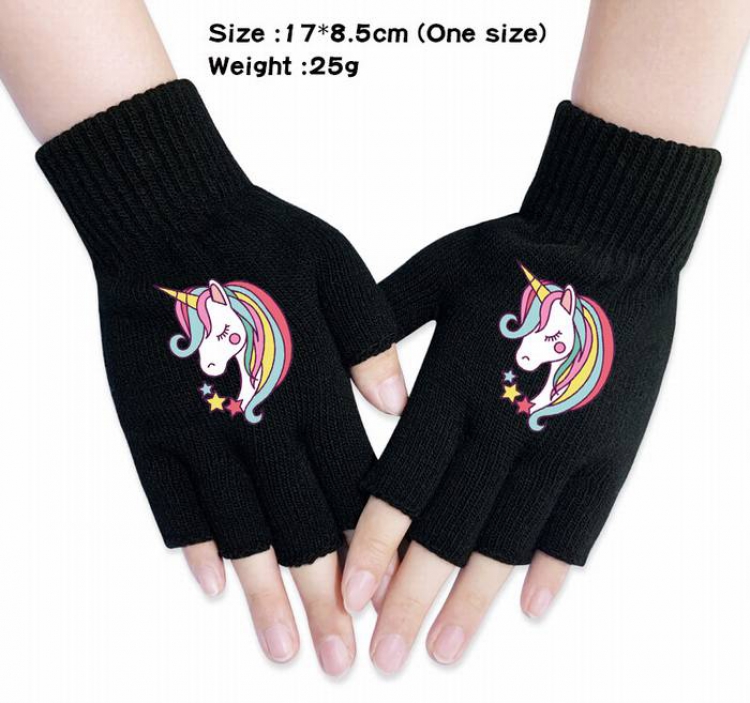 Unicorn-5A Black Anime knitted half finger gloves