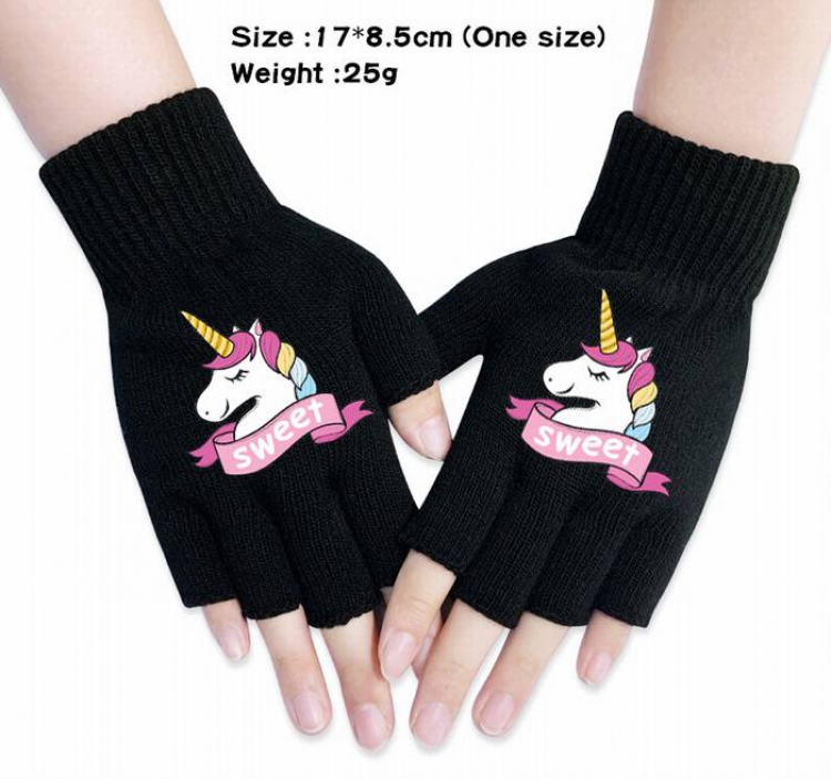Unicorn-9A Black Anime knitted half finger gloves