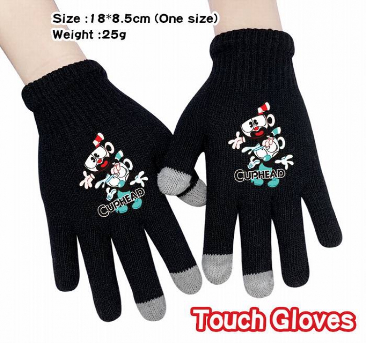 Cuphead-4A Black Anime knit full finger touch screen gloves