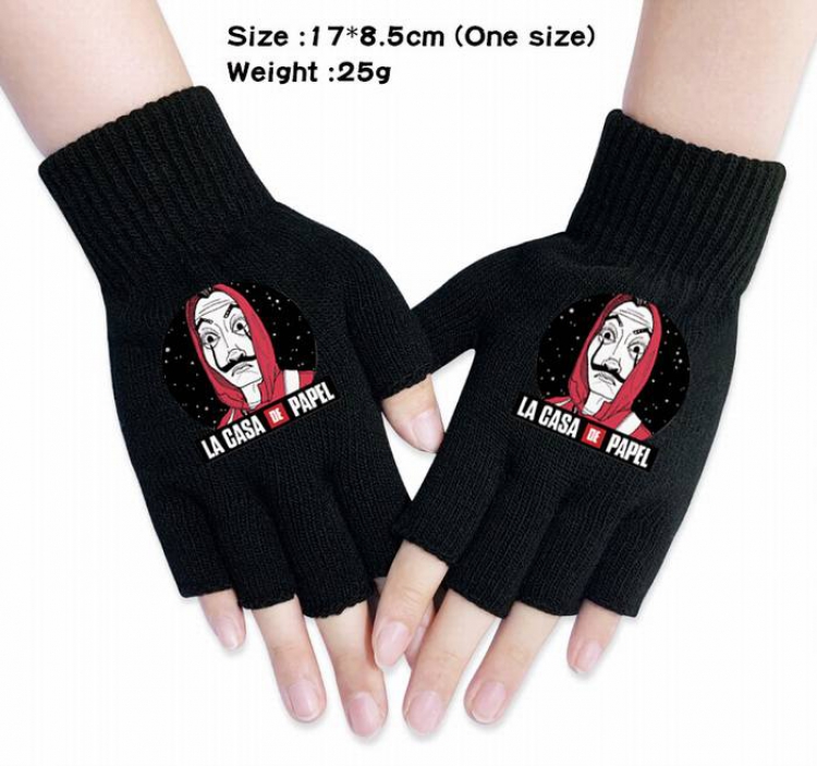 House of Paper-6A Black Anime knitted half finger gloves