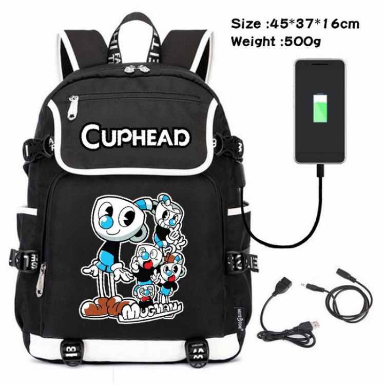 Cuphead-030 Anime 600D waterproof canvas backpack USB charging data line backpack