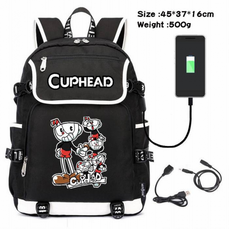 Cuphead-031 Anime 600D waterproof canvas backpack USB charging data line backpack