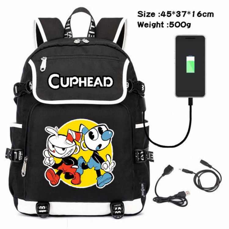 Cuphead-032 Anime 600D waterproof canvas backpack USB charging data line backpack