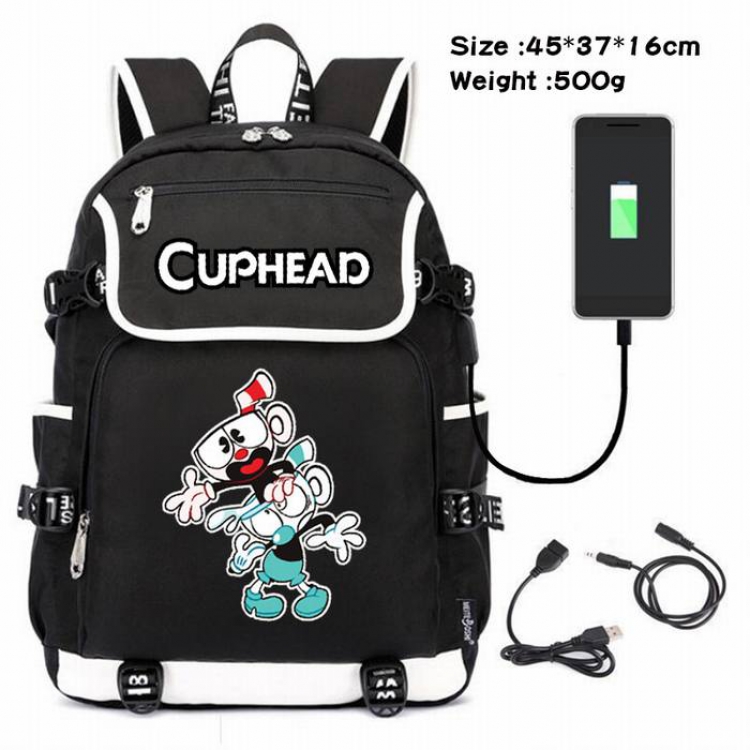 Cuphead-026 Anime 600D waterproof canvas backpack USB charging data line backpack