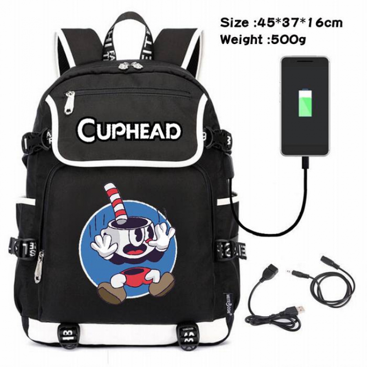 Cuphead-034 Anime 600D waterproof canvas backpack USB charging data line backpack