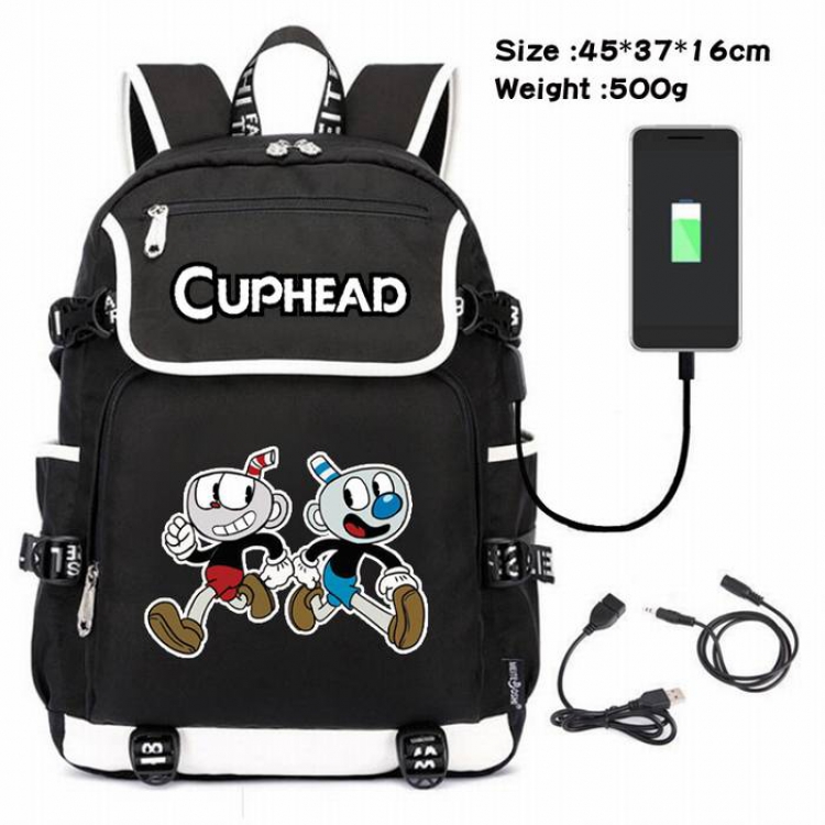 Cuphead-035 Anime 600D waterproof canvas backpack USB charging data line backpack