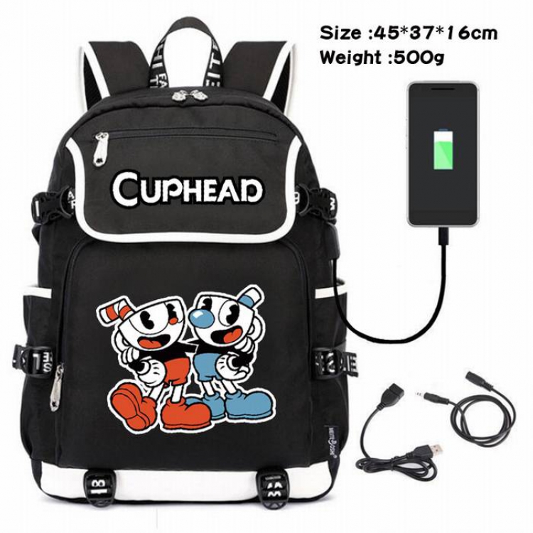 Cuphead-033 Anime 600D waterproof canvas backpack USB charging data line backpack