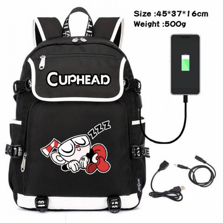 Cuphead-038 Anime 600D waterproof canvas backpack USB charging data line backpack