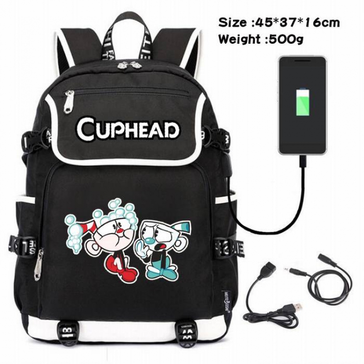 Cuphead-027 Anime 600D waterproof canvas backpack USB charging data line backpack